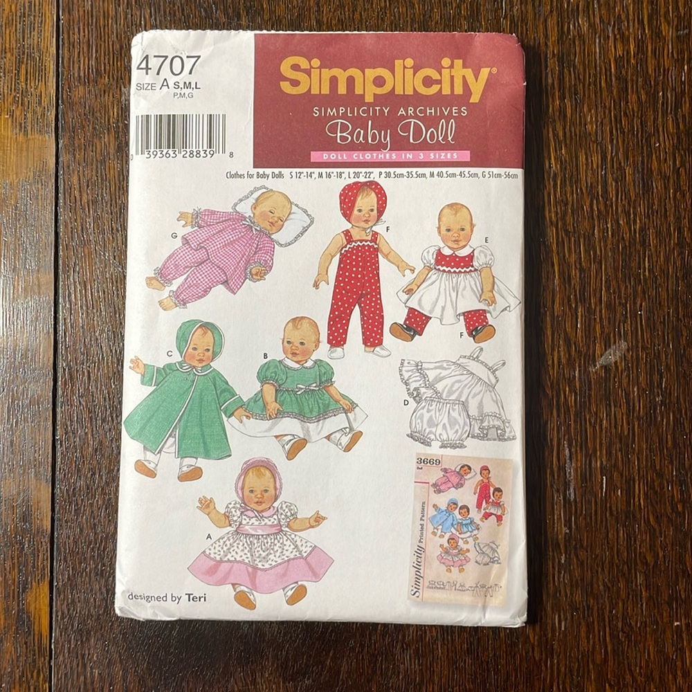 Simplicity Baby Doll clothes sewing pattern 4707, in 3 sizes, designed by Teri